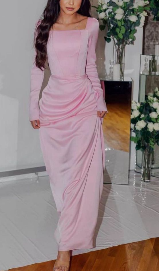 Classy Pink Square Neckline Evening Dress with Long Sleeves   fg7554