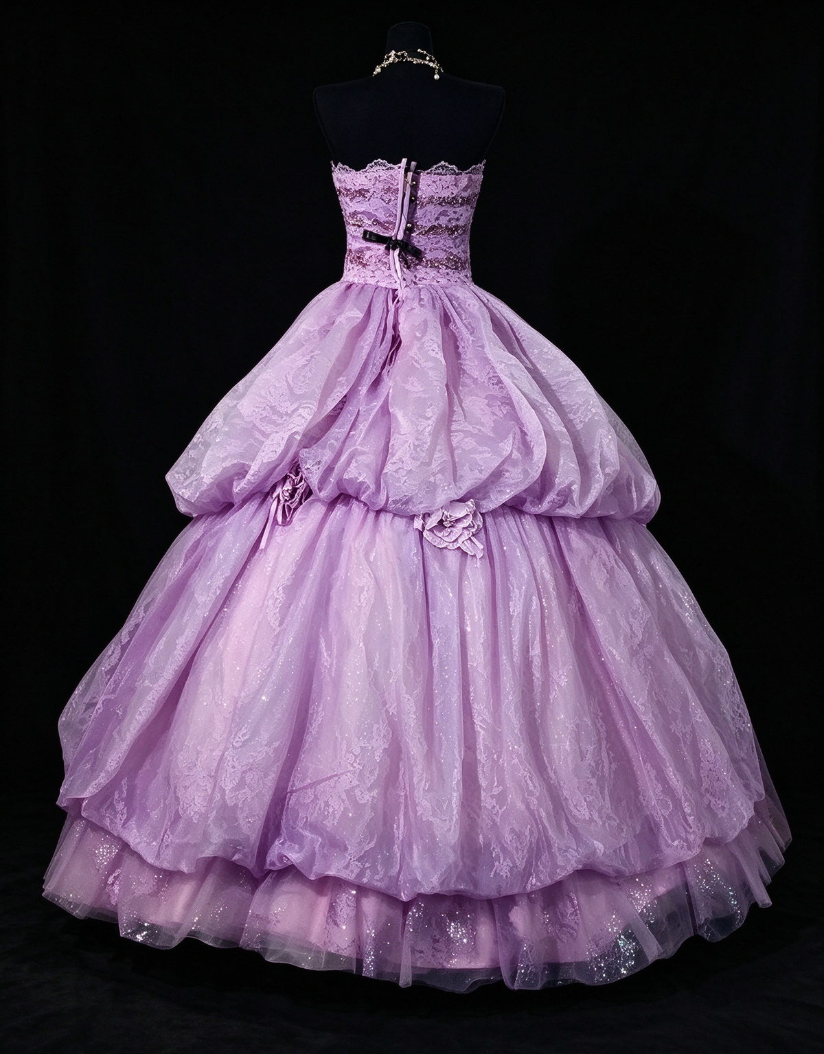 Strapless Lavender Glitter Tulle Ball Gown with Lace & Floral Accents fg8952