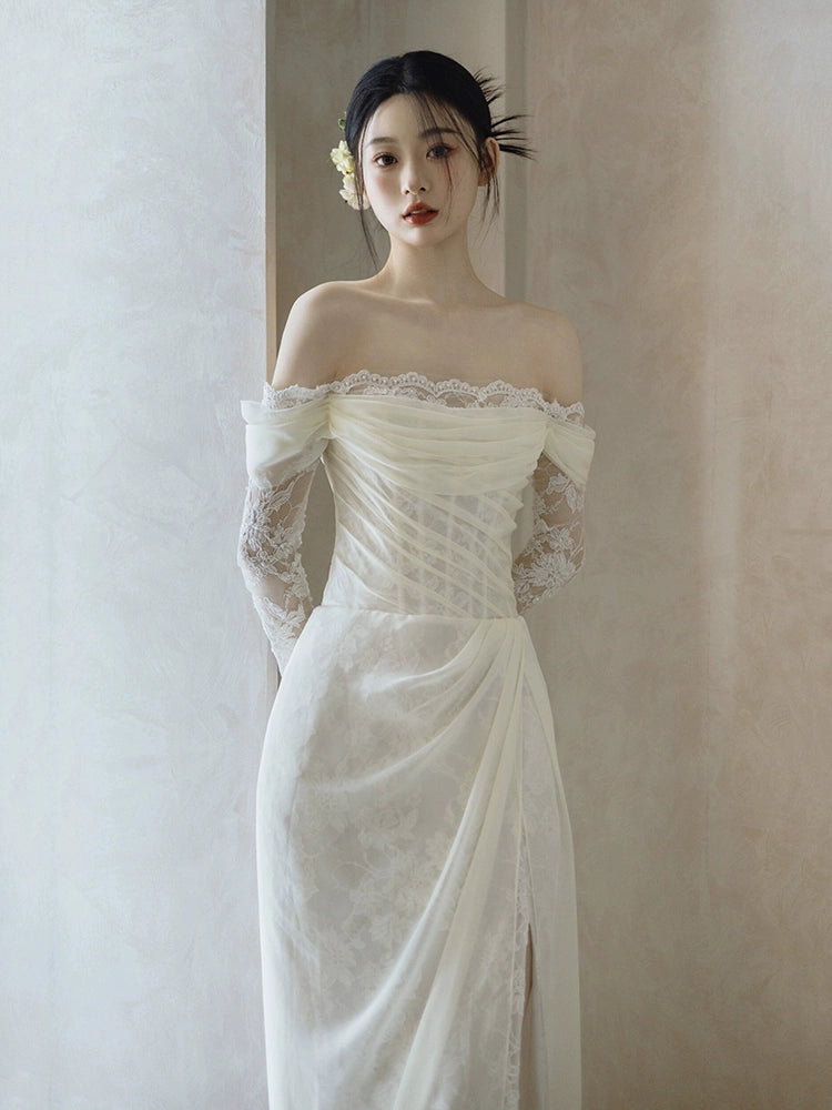 Off Shoulder Lace Long Wedding Dress Evening Party Dresses    fg7704