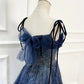 Shiny Navy Blue Tulle Straps Long Prom Dresses Party Dresses, A-line Beaded Prom Dresses      fg5018