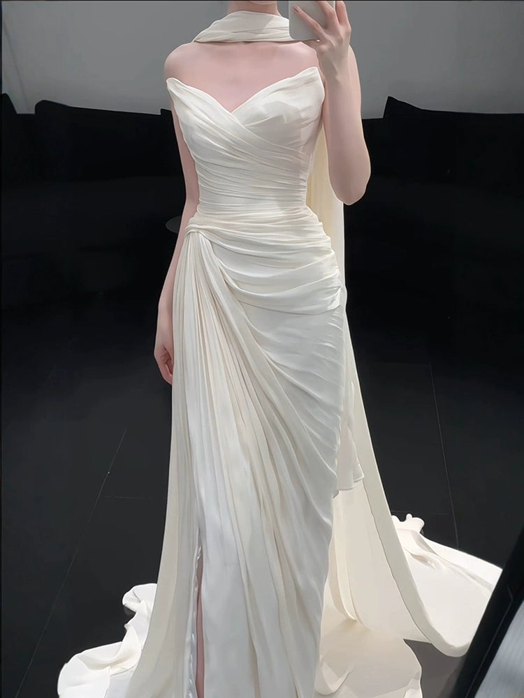 Strapless Pleat Long Wedding Dress Evening Party Dresses    fg7706