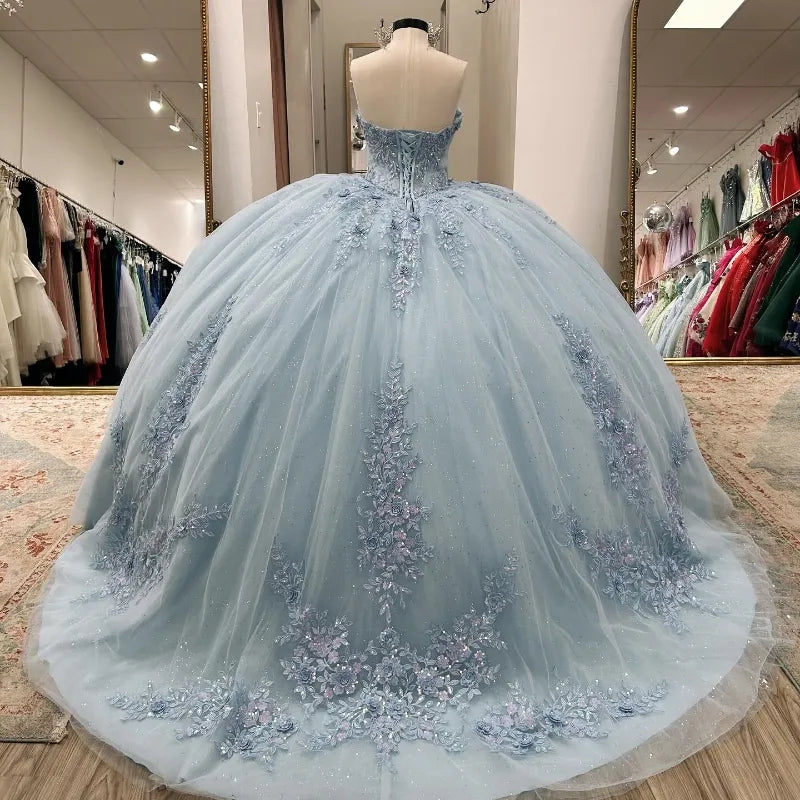 Sparkly Light Blue Quinceanera Dress Cape Flower Lace Vestidos de 15 A formalgowns Sparkly Light Blue Quinceanera Dress Cape Flower Lace Vestidos de 15 A formalgowns