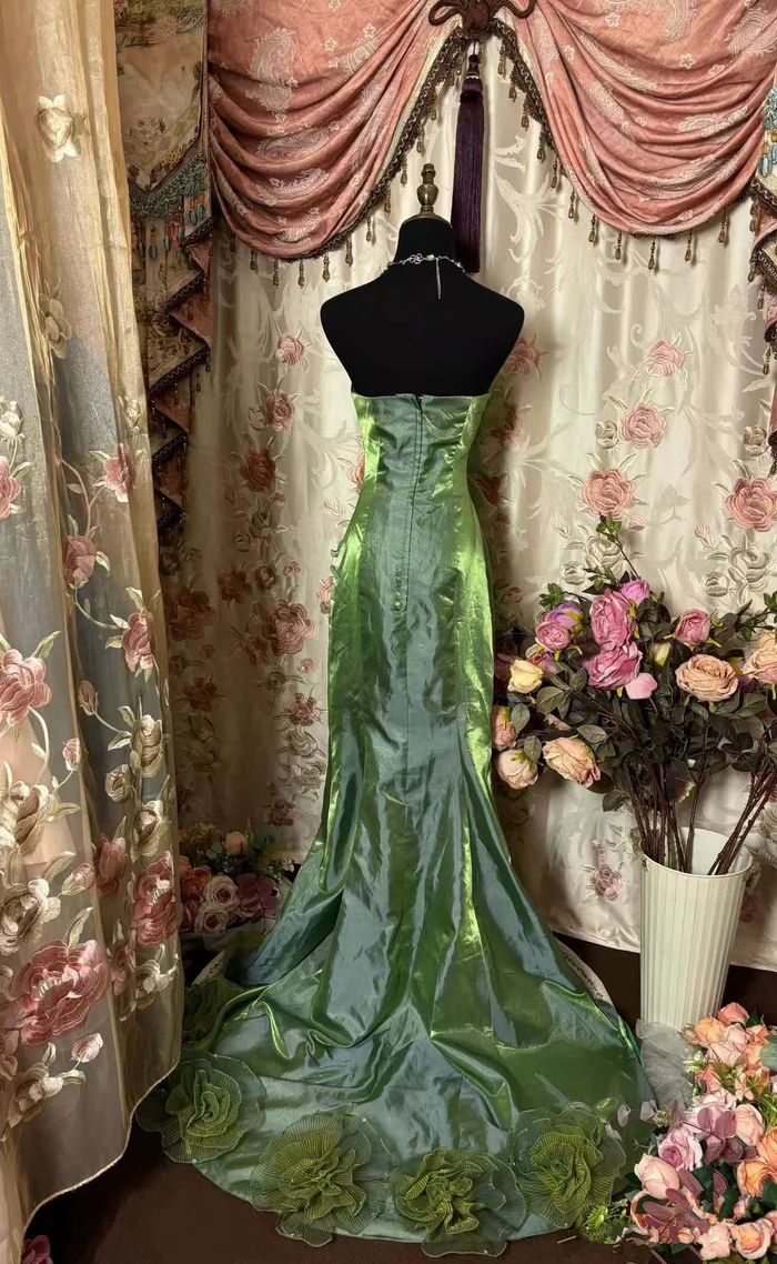 Vintage Green Strapless Satin Tulle Layered Ruffle Mermaid Long Prom Dress Evening Gown  fg8444