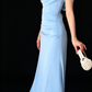 Elegant Draped Cowl Neck Light Blue Long Evening Gown With Lace-Up Back fg9009