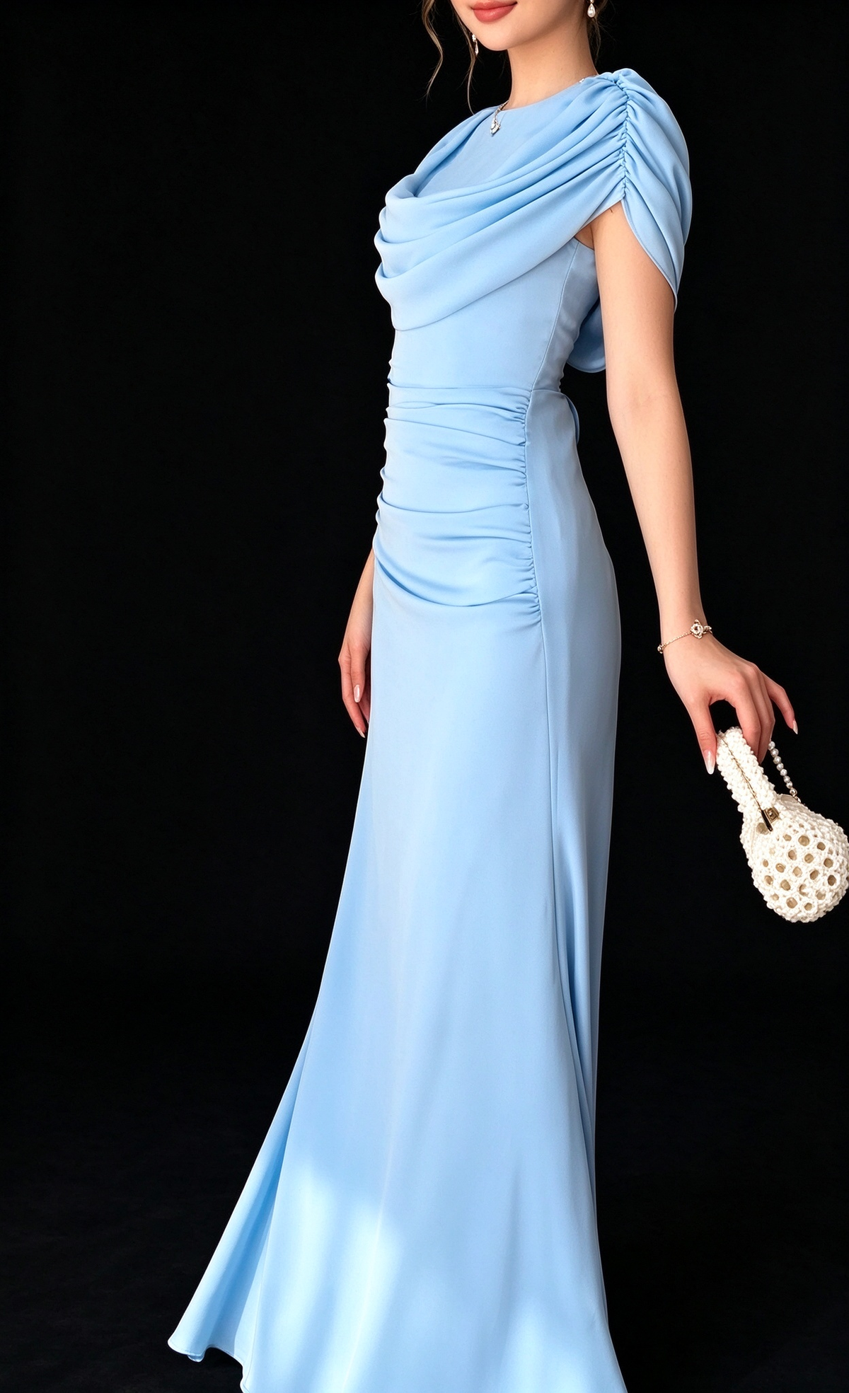 Elegant Draped Cowl Neck Light Blue Long Evening Gown With Lace-Up Back fg9009