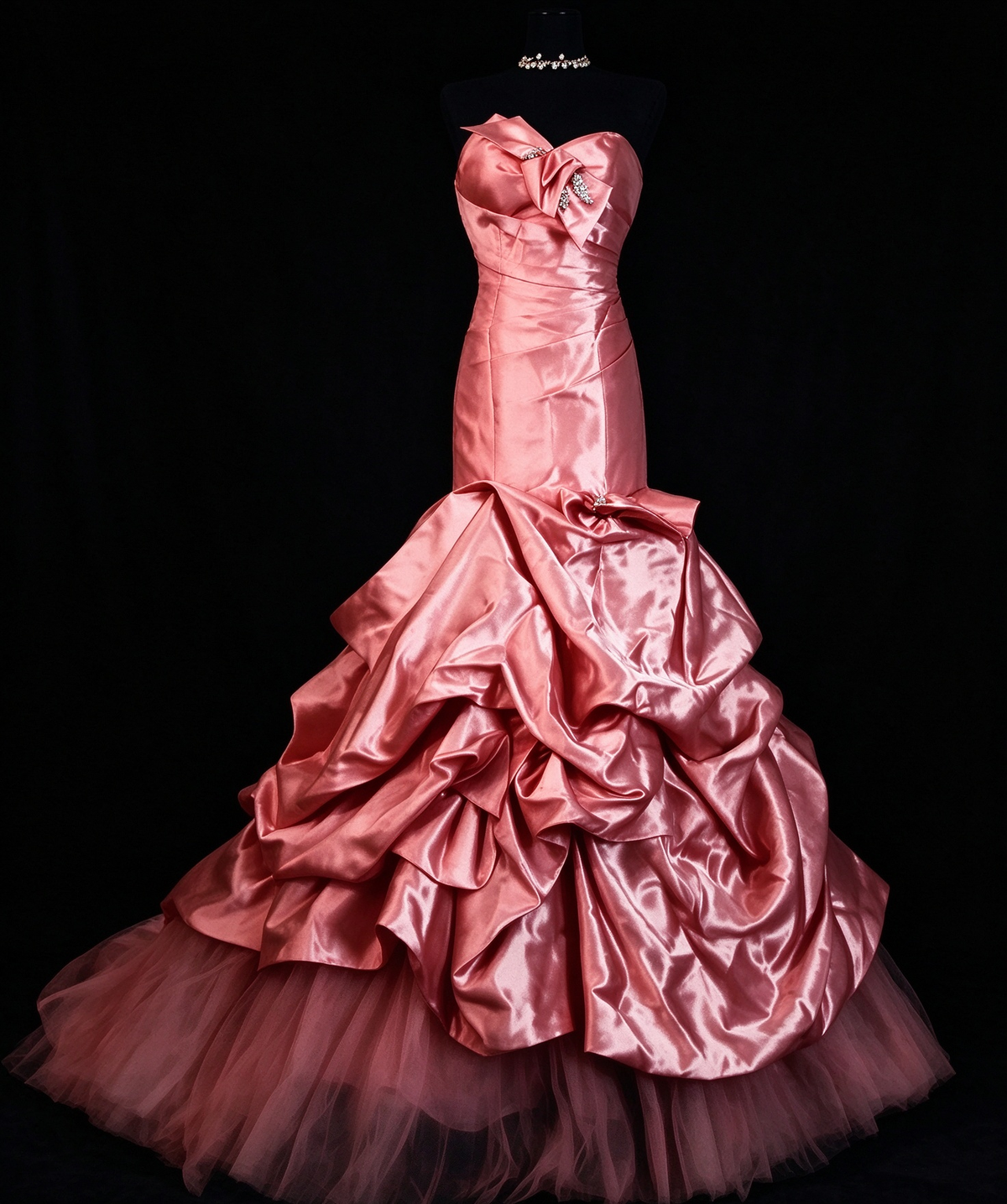 Strapless Blush Satin Mermaid Gown with Big Bow & Ruffled Skirt fg8954