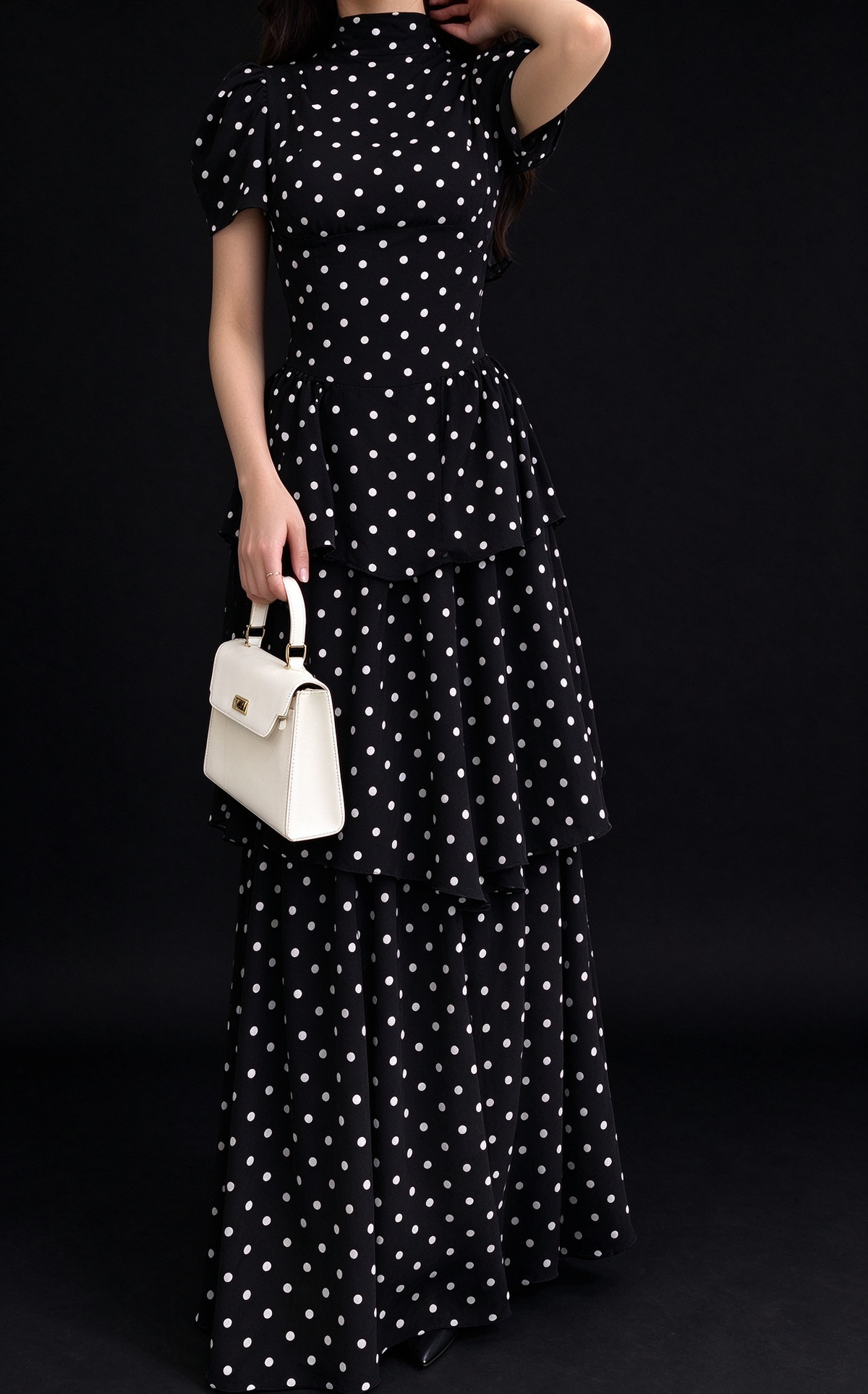 Vintage Black White Polka Dot High Neck Puff Sleeve Tiered Long Evening Dress fg9010