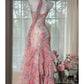 Sexy Spaghetti Straps Sleeveless Mermaid Pink Floral Chiffon Long Prom Dresses    fg4946