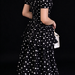 Vintage Black White Polka Dot High Neck Puff Sleeve Tiered Long Evening Dress fg9010