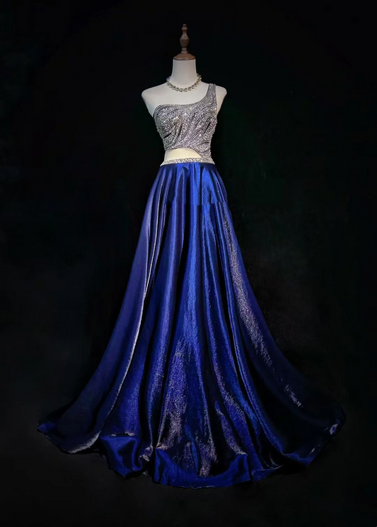 One Shoulder Royal Blue Prom Party Dress Beads Evening Gowns  fg8595