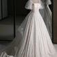 Elegant White Lace A-Line Wedding Party Dress with Puff Sleeves, White Lace Formal Gown  fg8732