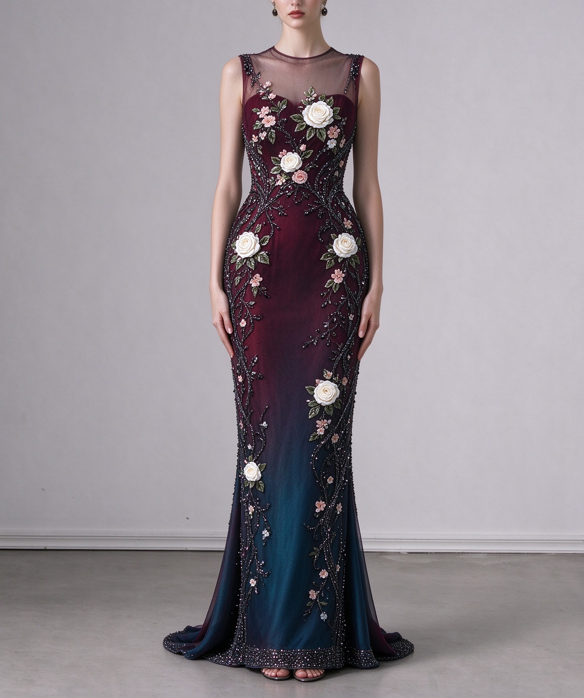 Gradient Burgundy to Teal Mermaid Evening Gown, Illusion Neck, Sleeveless, 3D Floral Applique & Beading fg8994