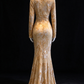 Champagne Floral Burnout Velvet Mermaid Evening Gown, V-Neck, Long Sleeve With Front Bow fg8988