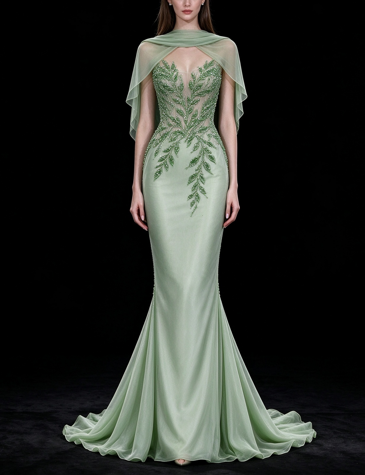 Sage Green Cape Leaf Beaded Tulle Mermaid Evening Gown fg9073