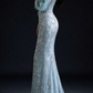 Dusty Blue Sheer Long Sleeve Mermaid Evening Gown fg9031
