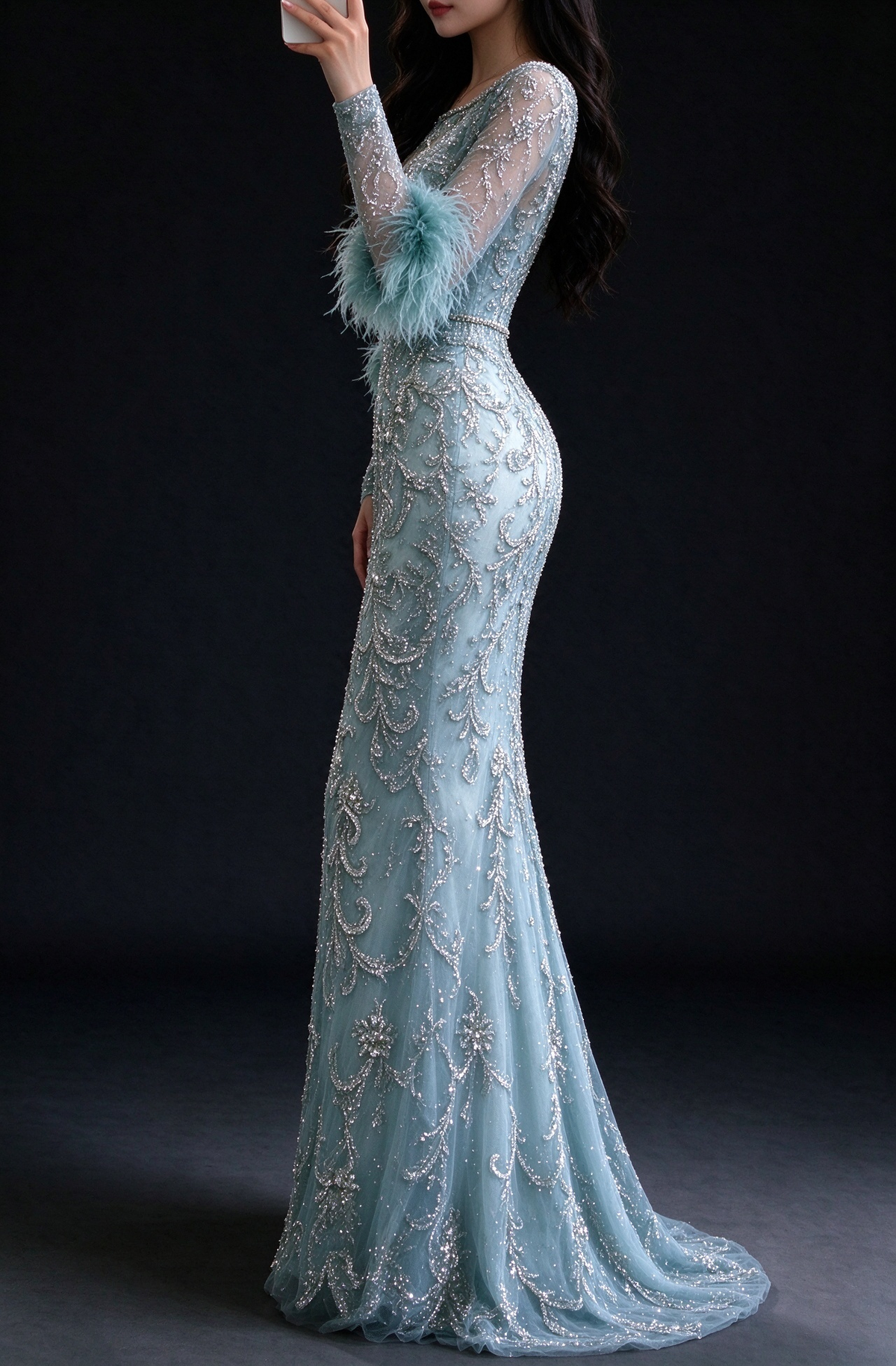 Dusty Blue Sheer Long Sleeve Mermaid Evening Gown fg9031