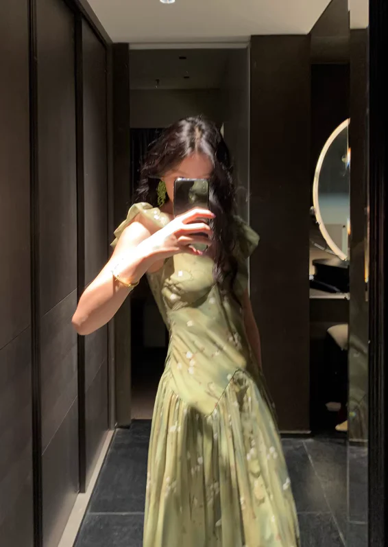 A Line V Neck Prom Party Dress Chiffon Green Flora Evening Dress fg8689