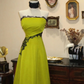 A-Line Green Evening Gown with Black Lace Appliqué, Strapless Floor-Length Prom Dress  fg8723