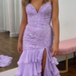 Stunning Lilac Mermaid Spaghetti Straps Silt Prom Dress Backless Lace Applique Evening Dress with Ruffles  fg8540
