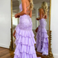Stunning Lilac Mermaid Spaghetti Straps Silt Prom Dress Backless Lace Applique Evening Dress with Ruffles  fg8540