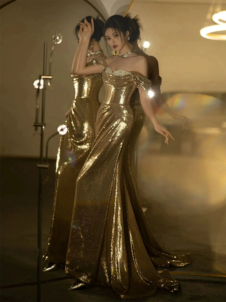 gold sexy long dress Sexy V Neck Gold Sequin Empire Long Prom Dress Evening Dress TP0948 Custom Size / Custom Color