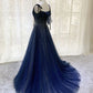 Shiny Navy Blue Tulle Straps Long Prom Dresses Party Dresses, A-line Beaded Prom Dresses      fg5018