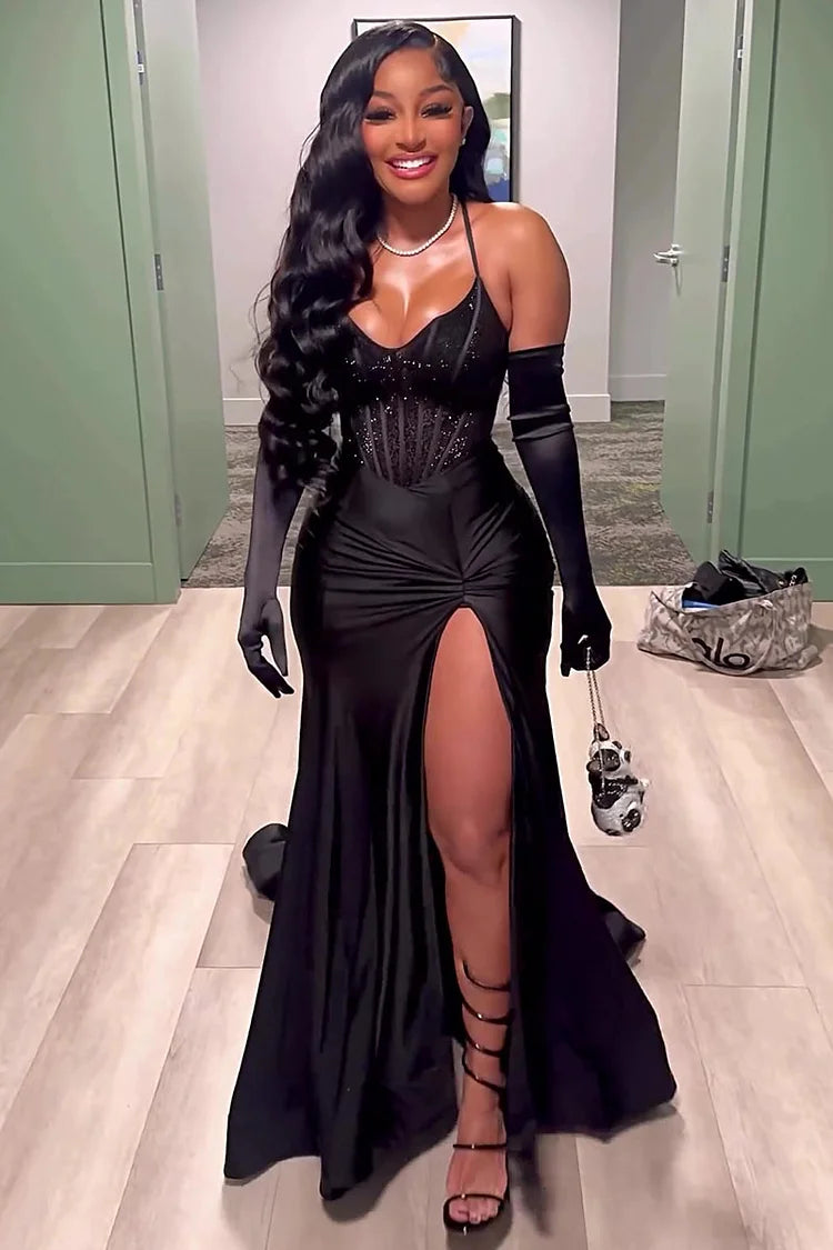 Robe de soirée noire longue avec gants fg6982