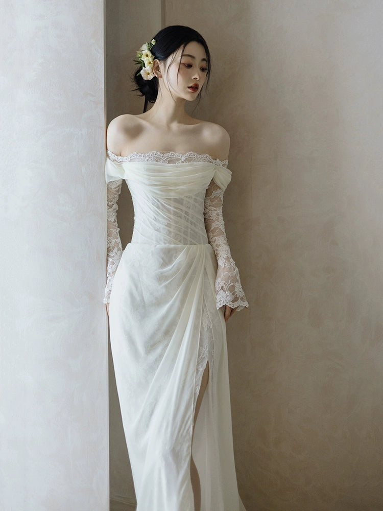Off Shoulder Lace Long Wedding Dress Evening Party Dresses    fg7704