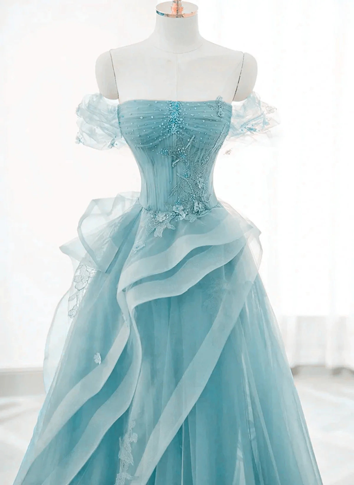 Tulle Off Shoulder Beaded Lace Long Prom Dress, Formal Dress      fg4913