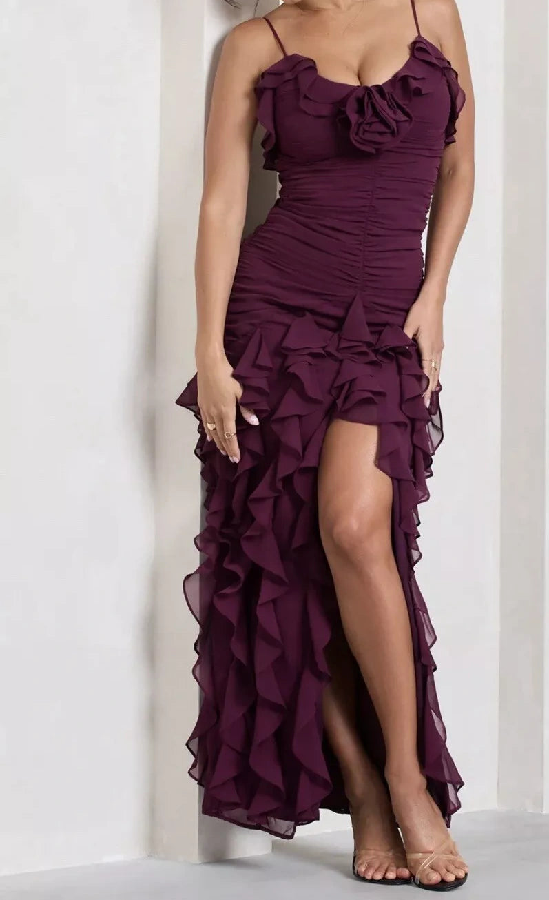 Spaghetti Straps Chiffon Prom Dress, Burgundy Evening Party Dress      fg5153