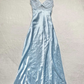 A line Spaghetti Straps Light Sky Blue Lace Long Prom Dresses Evening Dress fg8521