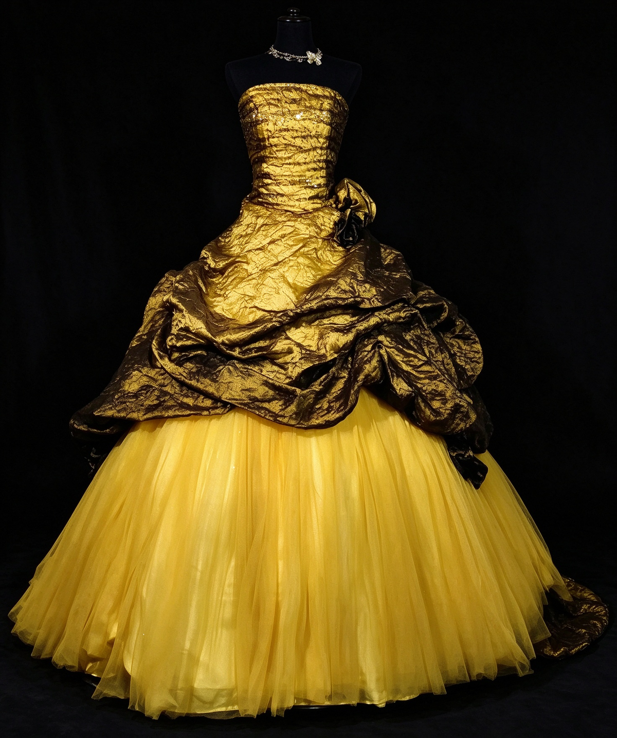 Strapless Gold Crinkled Lamé Ball Gown with Draped Overlay & Bright Yellow Tulle Skirt fg8956
