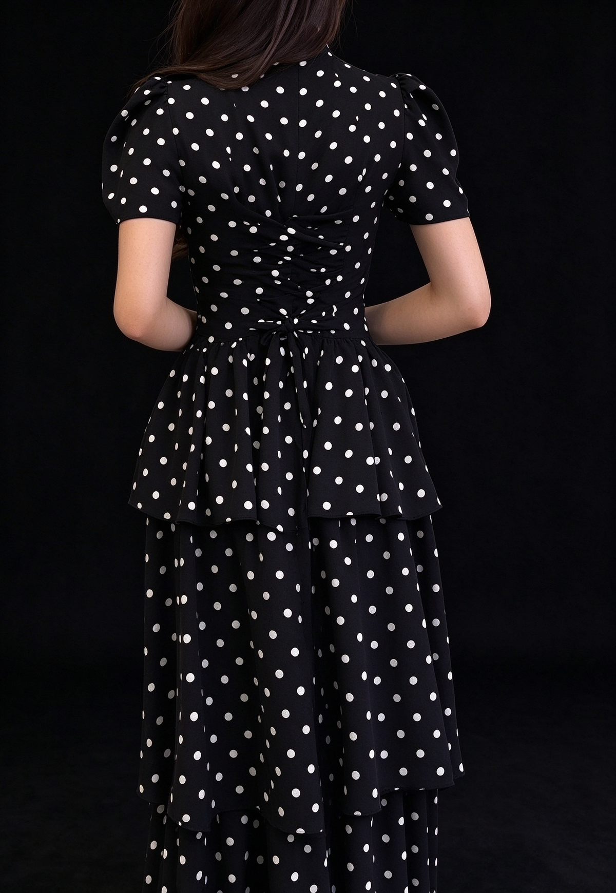 Vintage Black White Polka Dot High Neck Puff Sleeve Tiered Long Evening Dress fg9010