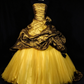 Strapless Gold Crinkled Lamé Ball Gown with Draped Overlay & Bright Yellow Tulle Skirt fg8956