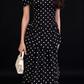 Vintage Black White Polka Dot High Neck Puff Sleeve Tiered Long Evening Dress fg9010