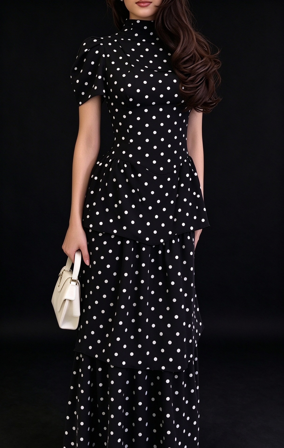 Vintage Black White Polka Dot High Neck Puff Sleeve Tiered Long Evening Dress fg9010