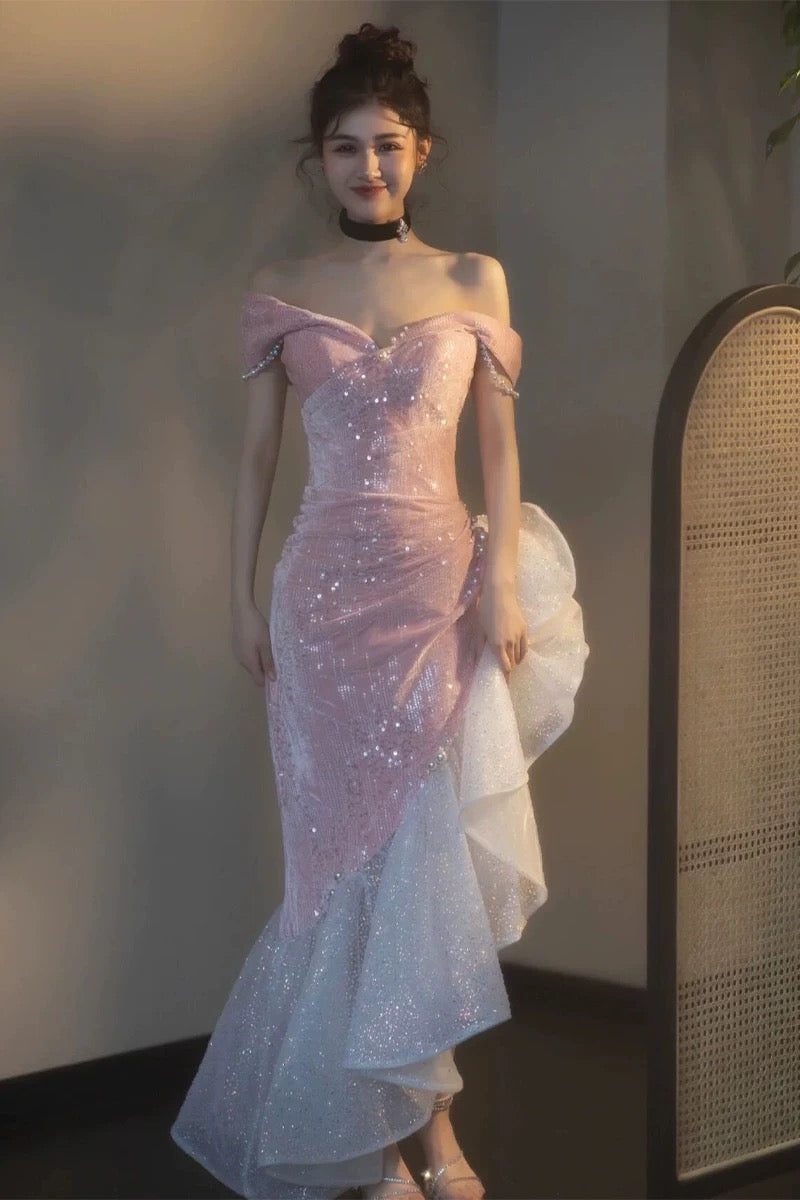 Mermaid Off the Shoulder Prom Gown with Sequins, Sparkly Formal Dresses      fg5081