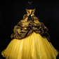 Strapless Gold Crinkled Lamé Ball Gown with Draped Overlay & Bright Yellow Tulle Skirt fg8956