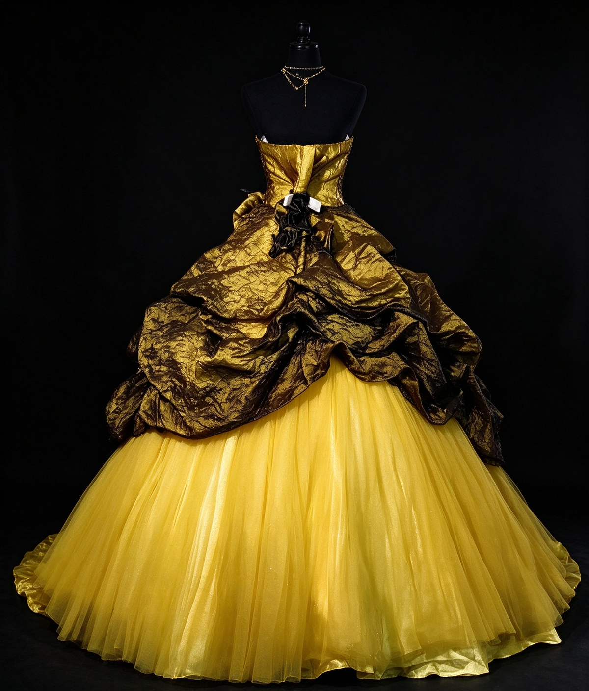 Strapless Gold Crinkled Lamé Ball Gown with Draped Overlay & Bright Yellow Tulle Skirt fg8956