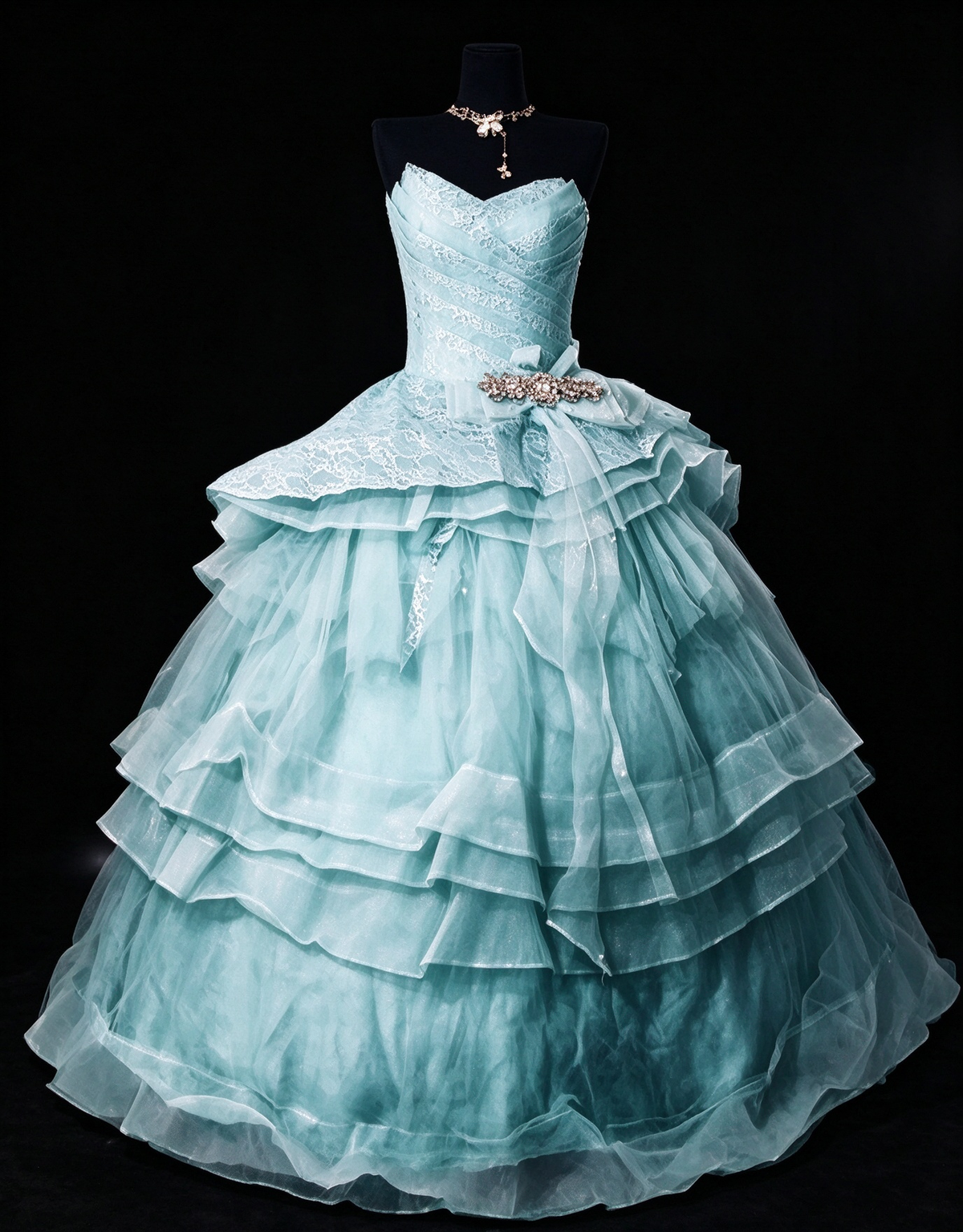 Sweetheart Mint Tiered Tulle Ball Gown with Lace Bodice & Rhinestone Bow fg8957