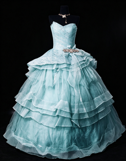 Sweetheart Mint Tiered Tulle Ball Gown with Lace Bodice & Rhinestone Bow fg8957
