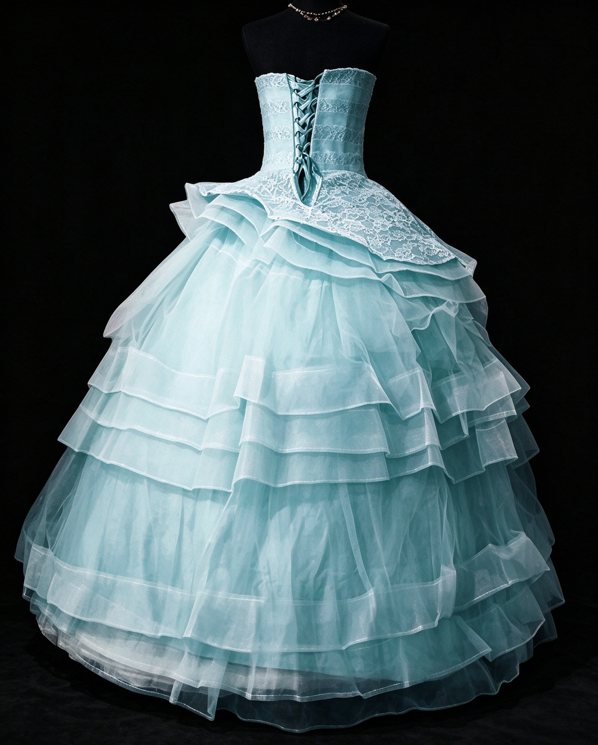 Sweetheart Mint Tiered Tulle Ball Gown with Lace Bodice & Rhinestone Bow fg8957