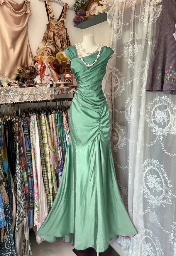 Mermaid Pleats Vintage Prom Dress Long Evening Dress   fg8039