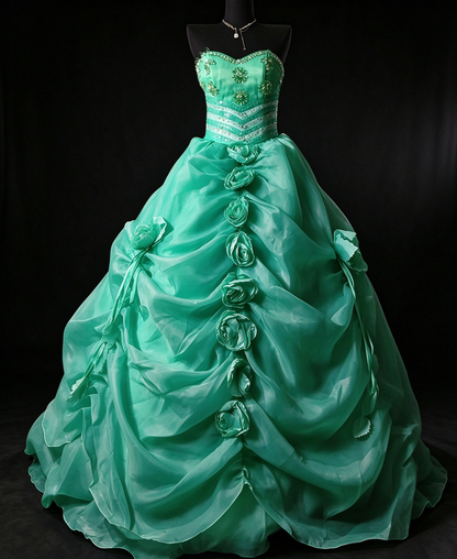 Sweetheart Emerald Organza Ball Gown with Beaded Bodice & 3D Rose Ruching fg8958