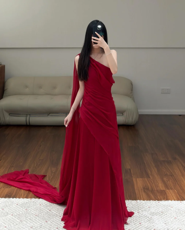One Shoulder Modest Prom Party Dress Chiffon Evening Dress Birthday Outfit  fg8678