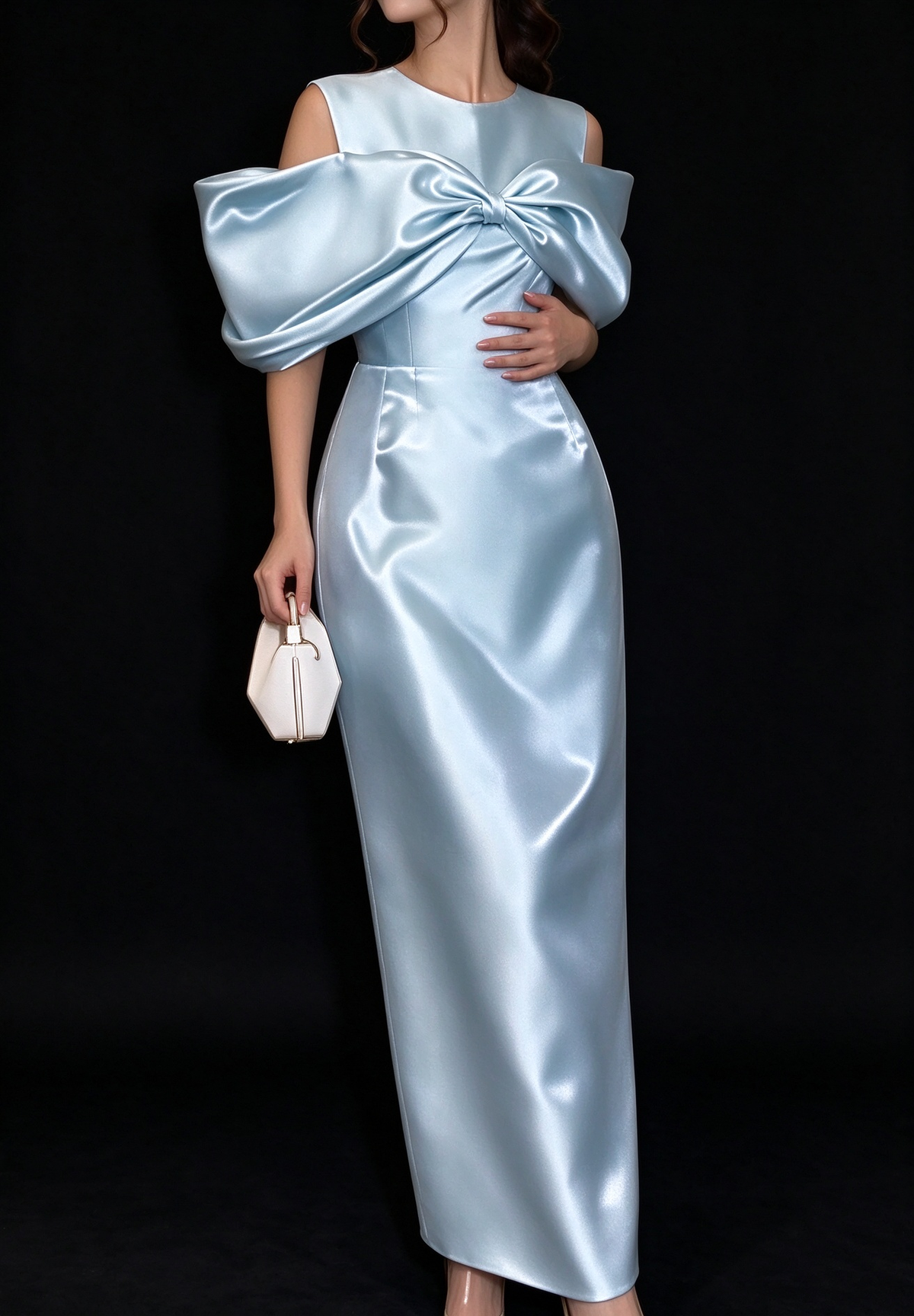 Light Blue Satin Midi Evening Dress With Big Bow Off Shoulder fg9012