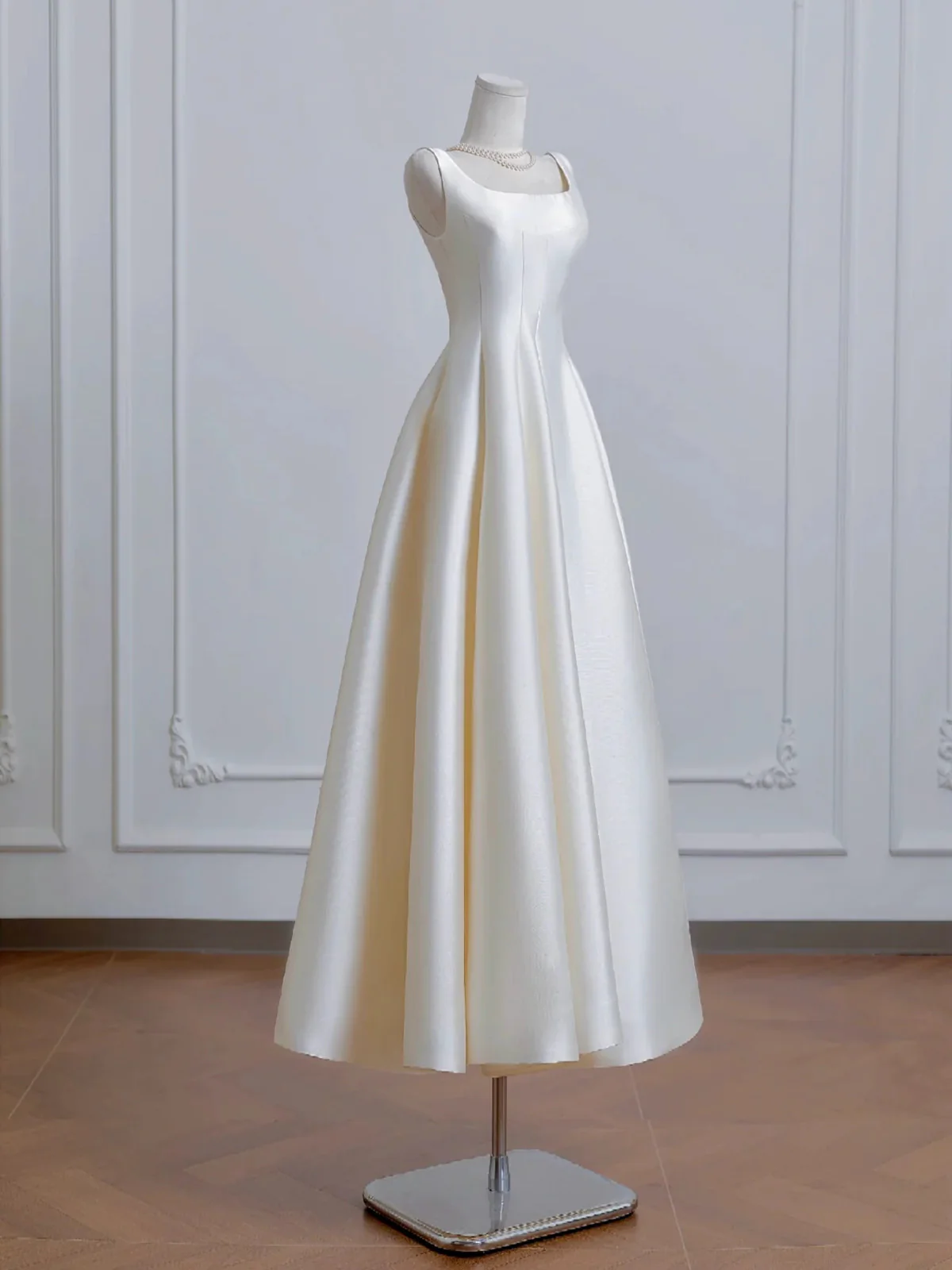 Ivory Satin Tea Length Simple Style Wedding Party Dress, Ivory Satin Prom Dress Formal Dress  fg8731