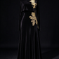 Black Velvet High Neck Long Sleeve Maxi Dress With Detachable Capelet & Gold Floral Embroidery fg8989