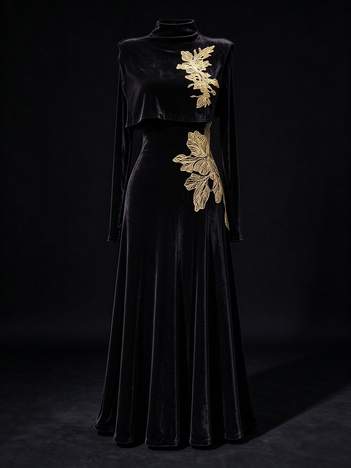 Black Velvet High Neck Long Sleeve Maxi Dress With Detachable Capelet & Gold Floral Embroidery fg8989