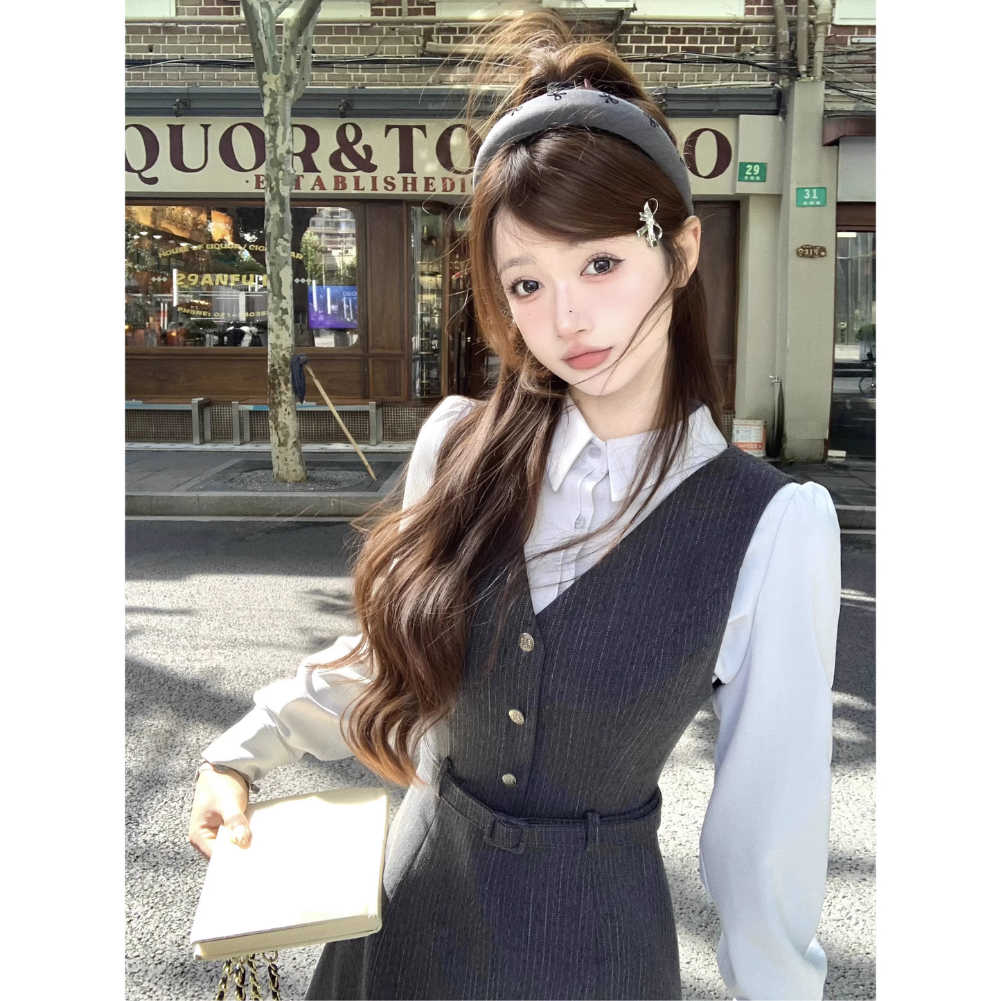 Vest dress and shirt set for fall, preppy style  A151